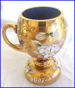 Murano Italy Art Wine Liqueur Glass cup Heavy Gold Gilt Colbalt Blue Flowers