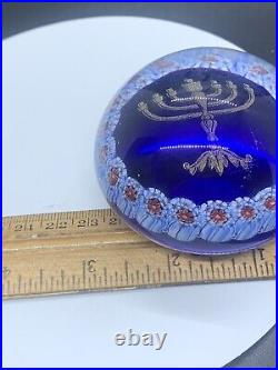 Murano paperweight? Glass? Dome? Blue, Milliefiori Bordered Menorah Gold? Label