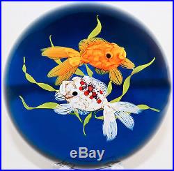 NEW KEN ROSENFELD Goldfish on Blue Background Art Glass Paperweight