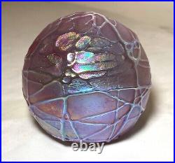 OBG hand blown studio aurene relief spider web iridescent art glass paperweight