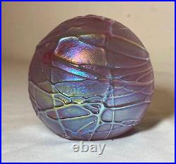 OBG hand blown studio aurene relief spider web iridescent art glass paperweight