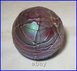 OBG hand blown studio aurene relief spider web iridescent art glass paperweight