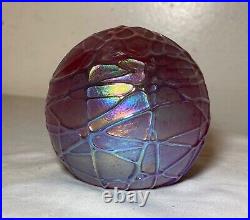 OBG hand blown studio aurene relief spider web iridescent art glass paperweight