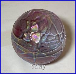 OBG hand blown studio aurene relief spider web iridescent art glass paperweight