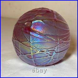 OBG hand blown studio aurene relief spider web iridescent art glass paperweight