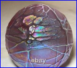 OBG hand blown studio aurene relief spider web iridescent art glass paperweight