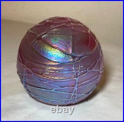 OBG hand blown studio aurene relief spider web iridescent art glass paperweight