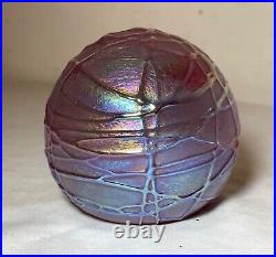 OBG hand blown studio aurene relief spider web iridescent art glass paperweight