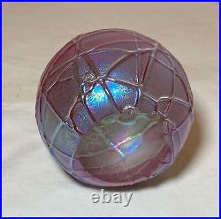 OBG hand blown studio aurene relief spider web iridescent art glass paperweight