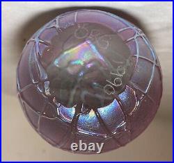 OBG hand blown studio aurene relief spider web iridescent art glass paperweight