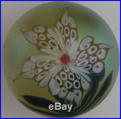 Orient & Flume Glass Paperweight White Flower Signed 1981 2 7/8
