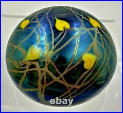Orient & Flume Art Glass Yellow Hearts & Vines Paperweight-signed-dated 2002