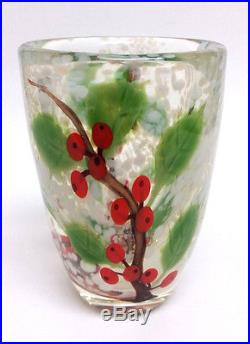 Orient & Flume ED ALEXANDER Art Glass Paperweight Clear Berry Leaves Flecks Vase