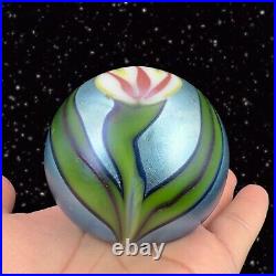 Orient & Flume Iridescent Art Glass Paperweight Pulled Feather Floral 1977 Vtg