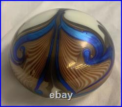 Orient & Flume Paperweight Hand Painted Signed'74 Iridescent Blue Brown Design