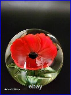 Orient & Flume Paperweight Limited Red Poppy Flower/stem & Leaves Signed M. Quinn
