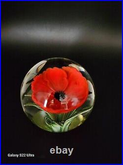 Orient & Flume Paperweight Limited Red Poppy Flower/stem & Leaves Signed M. Quinn