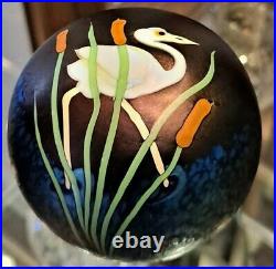 Orient & Flume Stork and Cattails Art Glass Paperweight 2.5 diameter