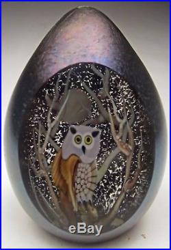 Orient and Flume Art Glass Egg Paperweight Window Scene Owl by Moon 4 ½ tall
