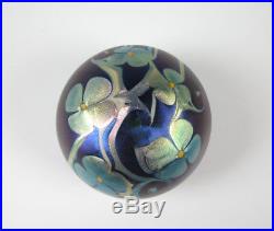 Orient and Flume Art Glass Paperweight Iridescent Silver with Purple Blue
