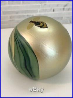 Orient and Flume Art Glass Paperweight with Bee 1980 Signed 1980 Gold Leaves