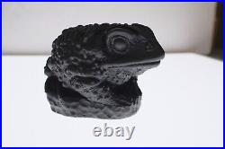 Original Art Glass Pate de verre Black Crystal frog sculpture signed LRC