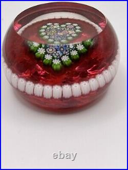 PERTHSHIRE Red MILLEFIORI Canes HEART Art Glass PAPERWEIGHT Valentine, Marked