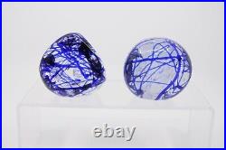 Pair of Rollin Karg Signed Cobalt Blue Applied Ribbon Bubble Paperweight 3 1/4