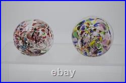 Pair of Signed Rollin Karg Confetti Art Glass 2 3/4 2 1/2 Bubble Paperweight