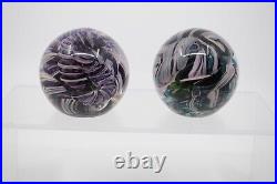Pair of Signed Rollin Karg Purple Pink Swirl Art Glass 2 3/4 Bubble Paperweight