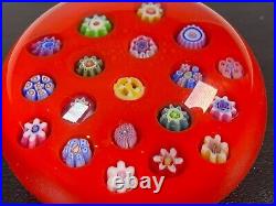 Parabelle Art Glass 1990 Paperweight Pansy and Flower Spaced Millefiori on Red