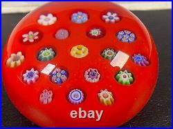 Parabelle Art Glass 1990 Paperweight Pansy and Flower Spaced Millefiori on Red