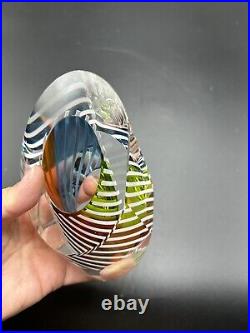 Paul Harrie Rainbow Multicolor Ellipse Art Glass Paperweight Signed Striped