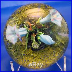 Paul Stankard Paperweight with Blue Flowers, Moss, Root Figures