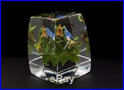 Paul Stankard Various Flowers Art Glass Unique Cube Paperweight, Aprx 3.6Hx2.6W