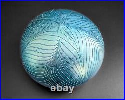 Pulled Feather Iridescent Luster Aurene Blue Art Glass Paperweight