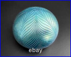 Pulled Feather Iridescent Luster Aurene Blue Art Glass Paperweight