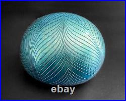 Pulled Feather Iridescent Luster Aurene Blue Art Glass Paperweight