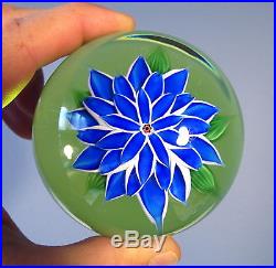 RARE BACCARAT French Art Glass Blue DAHLIA Green Ground Paperweight 1972 w BOX
