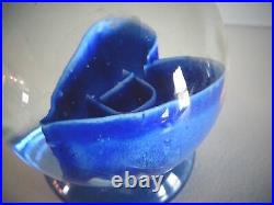 RARE Degenhart Art Glass BLUE LOGO Crimp HEART FOOTED PAPERWEIGHT FACETED