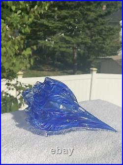 RARE Vintage 8 Inch Hand Blown Glass Seashell Blue & White Swirl Paperweight