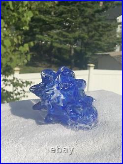 RARE Vintage 8 Inch Hand Blown Glass Seashell Blue & White Swirl Paperweight