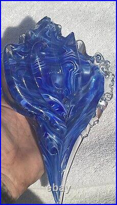 RARE Vintage 8 Inch Hand Blown Glass Seashell Blue & White Swirl Paperweight