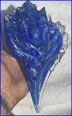 RARE Vintage 8 Inch Hand Blown Glass Seashell Blue & White Swirl Paperweight