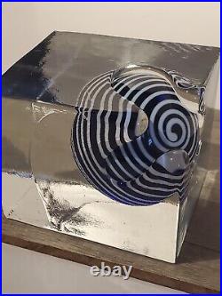 Rare Ladislav Oliva Modernist Art Glass Cube Paperweight With Embedded Sphere
