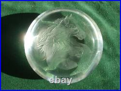 Rare MAX ERLACHER STEUBEN Engraved Glass PaperWeight Three Horse Heads MRE 69