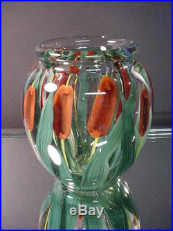 Rare Steven Lundberg Glass Art Dragonfly withCattails Paperweight Vase C 2000