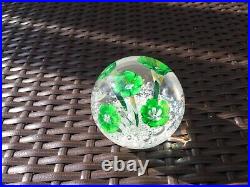 Rare Vintage French BACCARAT Round Green Floral Flowers W Stems Paperweight VGC