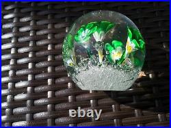 Rare Vintage French BACCARAT Round Green Floral Flowers W Stems Paperweight VGC