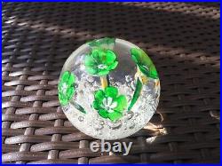 Rare Vintage French BACCARAT Round Green Floral Flowers W Stems Paperweight VGC